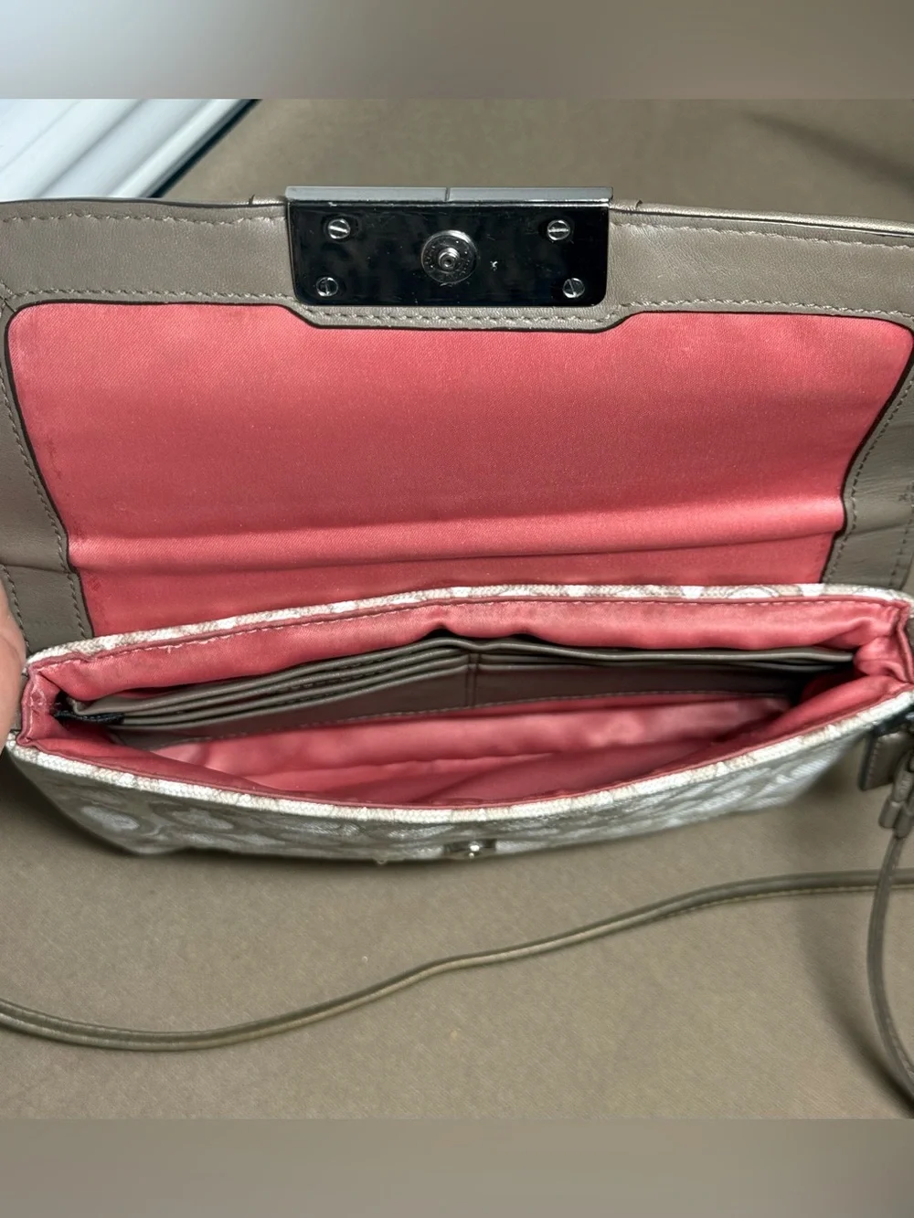 Coach White and Taupe Signature Crossbody with Metallic Accent